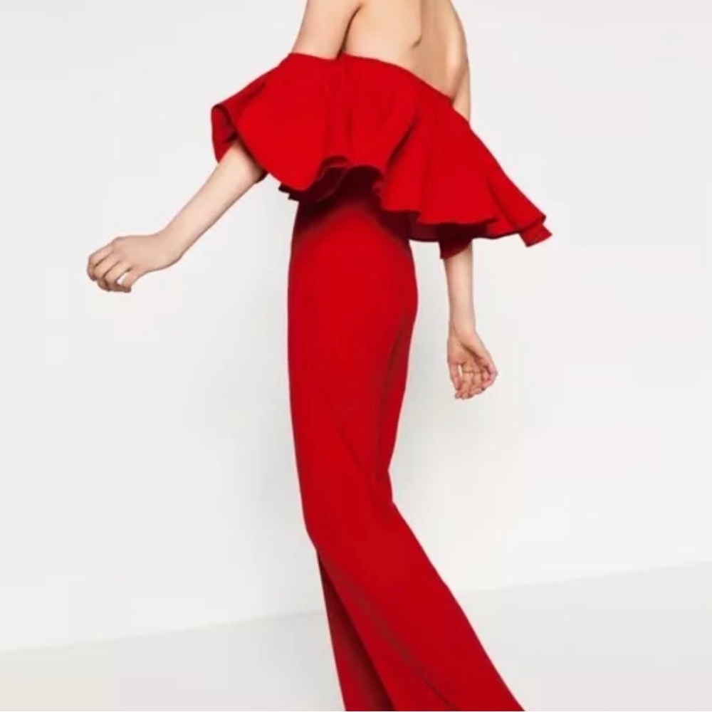 Zara Red Frill Ruffle Off the Shoulder Jumpsuit